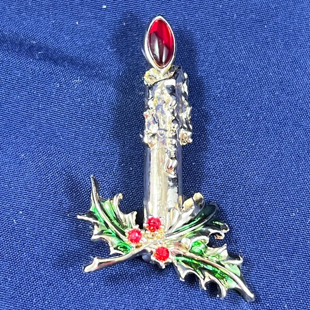 Vintage Christmas Candle Brooches - Festive Rhinestone Pins With Holly & Candles - Picture 2 of 3